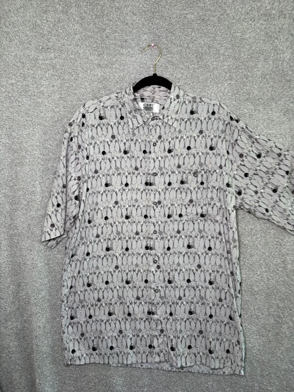 Vintage 90s Bowling Shirt M Rayon Novelty Print Rockabilly